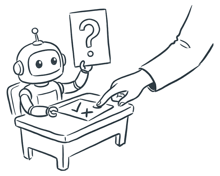 A friendly robot at a desk holding up a question mark while a person reaches to tap a tick or a cross.