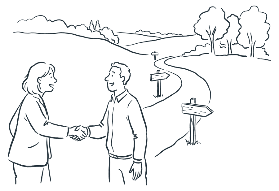 Two people shaking hands, with a winding path and signposts behind them.