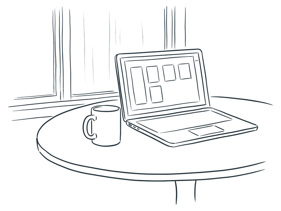 A kitchen table in the morning with a mug of coffee and a laptop showing a short list.