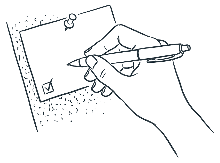 A hand writing a note on a card pinned to a board, with a small tick box.