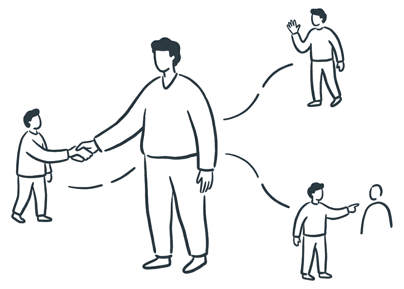 One person in the middle connected by lines to several others: a handshake, a wave, someone pointing to someone else.